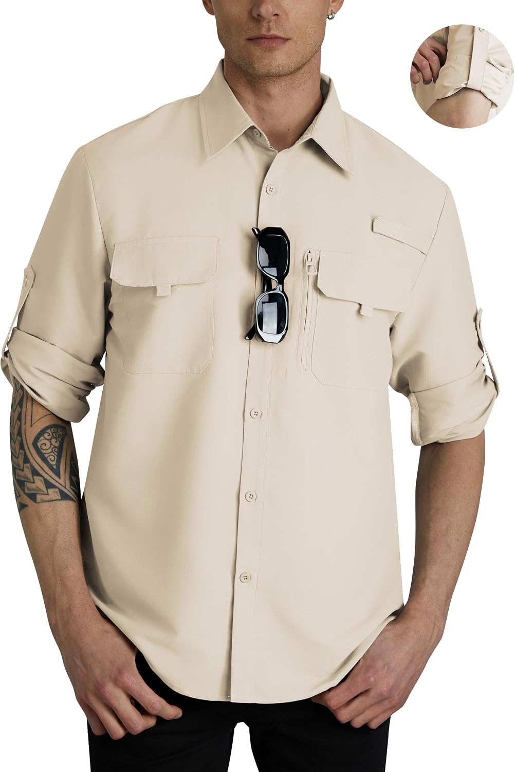 image:imageWULFUL Mens Sun Protection Fishing Shirts UPF 50 Lightweight Quick Dry Cooling Long Sleeve Shirts for Work Hiking SafariKhaki