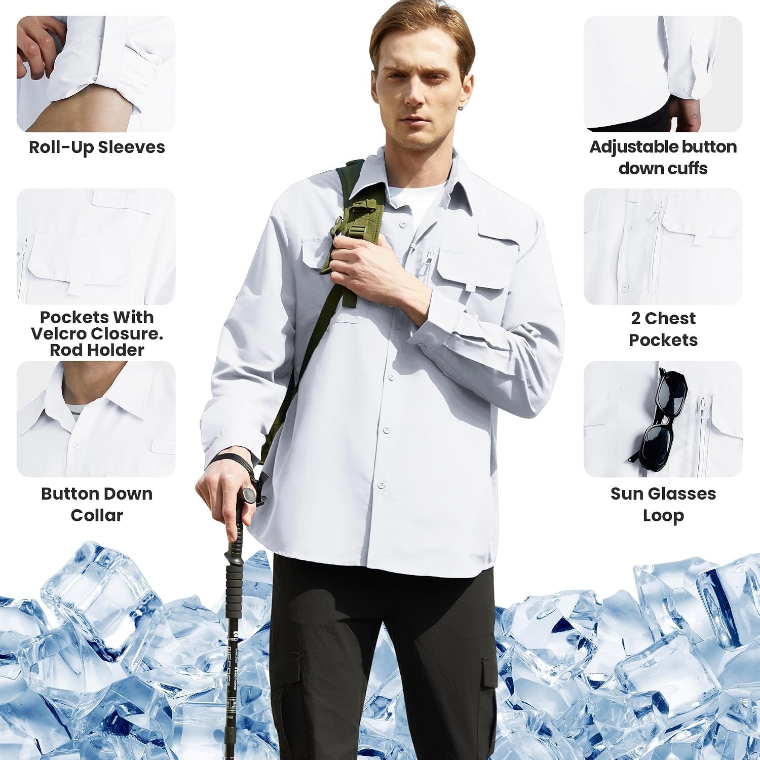 image:imageWULFUL Mens Sun Protection Fishing Shirts UPF 50 Lightweight Quick Dry Cooling Long Sleeve Shirts for Work Hiking SafariWhite