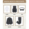 WULFUL Boys 5 Pieces Tuxedo Suit Set Kids Suits Shawl Collar Jacket Pant Vest Bow Tie for Wedding Ring Bearer Party Prom(Dark Grey)
