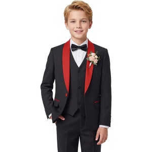 WULFUL Boys 5 Pieces Tuxedo Suit Set Kids Suits Shawl Collar Jacket Pant Vest Bow Tie for Wedding Ring Bearer Party Prom(Black-red Lapel)