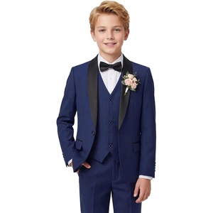 WULFUL Boys 5 Pieces Tuxedo Suit Set Kids Suits Shawl Collar Jacket Pant Vest Bow Tie for Wedding Ring Bearer Party Prom(Navy)
