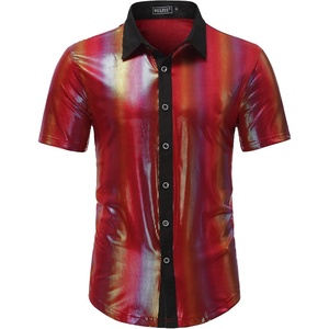 WULFUL Men’s Disco Shirt Sequins Short Sleeve Button Down Shirts 70s Party Costume Dress Shirts(Multicolor053)
