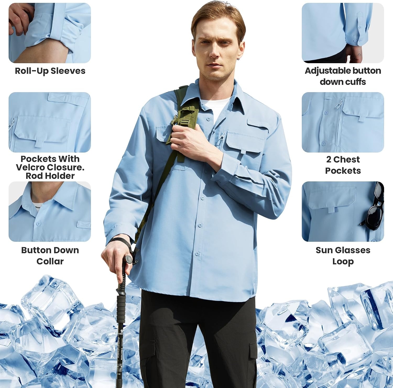 image:imageWULFUL Mens Sun Protection Fishing Shirts UPF 50 Lightweight Quick Dry Cooling Long Sleeve Shirts for Work Hiking SafariLight Blue