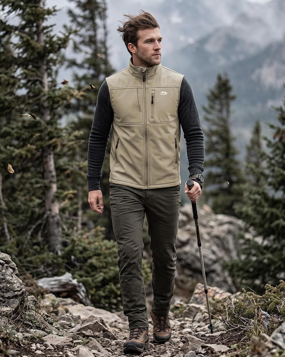 image:imageWULFUL Mens Windproof Lightweight Golf Vest Outerwear with Pockets Softshell Sleeveless Jacket for Running Hiking SportsKhaki