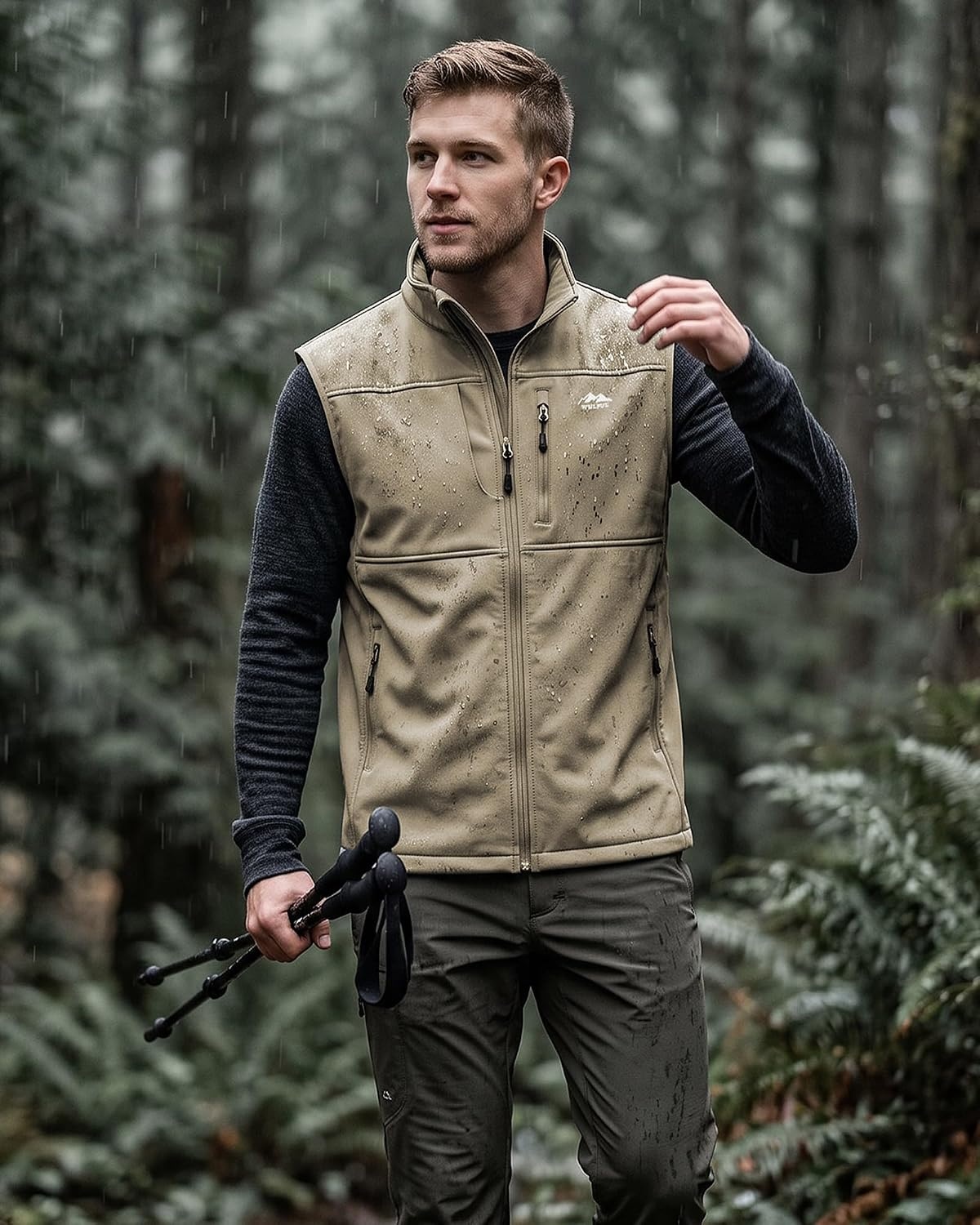 image:imageWULFUL Mens Windproof Lightweight Golf Vest Outerwear with Pockets Softshell Sleeveless Jacket for Running Hiking SportsKhaki