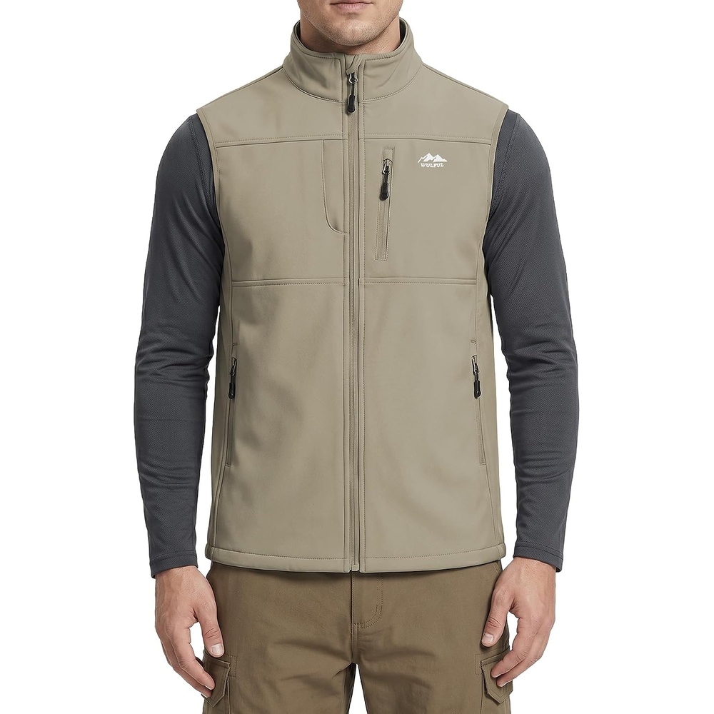 image:imageWULFUL Mens Windproof Lightweight Golf Vest Outerwear with Pockets Softshell Sleeveless Jacket for Running Hiking SportsKhaki