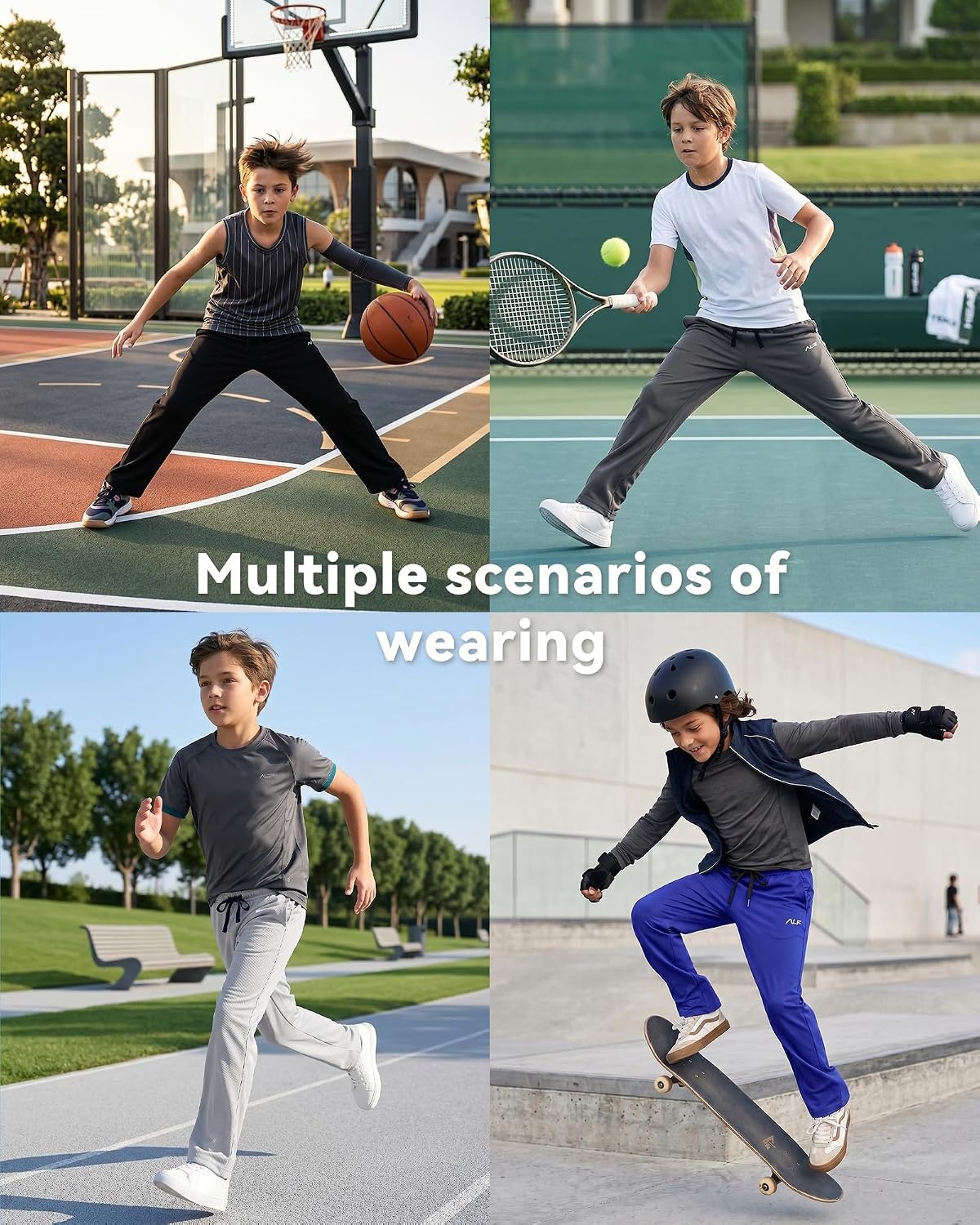 image:imageWULFUL 5 Pack Boys Athletic Pants Moisture Wicking Mesh Joggers with Pockets Comfortable Sweatpants for Kids TeensBlack dark Grey light Grey navy blue