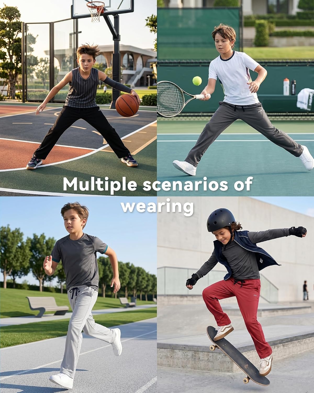 image:imageWULFUL 5 Pack Boys Athletic Pants Moisture Wicking Mesh Joggers with Pockets Comfortable Sweatpants for Kids TeensBlack dark Grey light Grey navy red