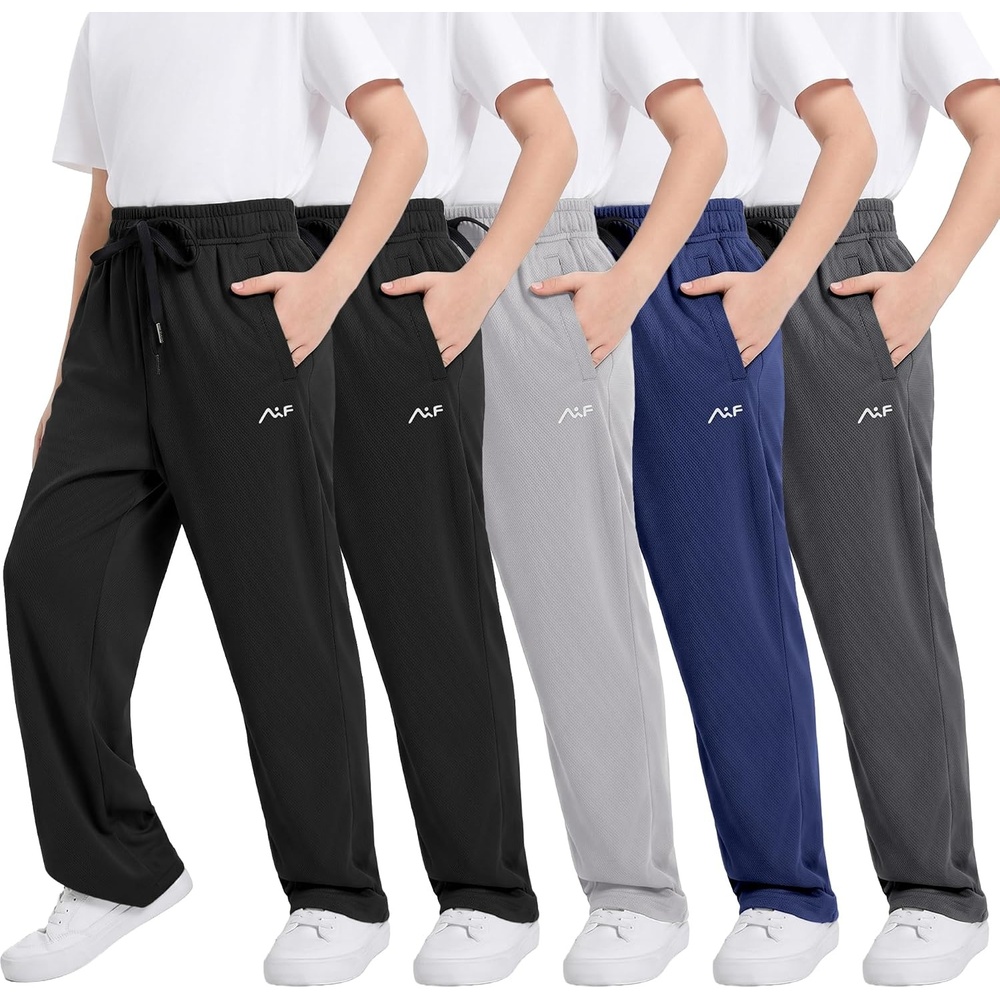 image:imageWULFUL 5 Pack Boys Athletic Pants Moisture Wicking Mesh Joggers with Pockets Comfortable Sweatpants for Kids TeensBlack black navy dark Grey light Grey