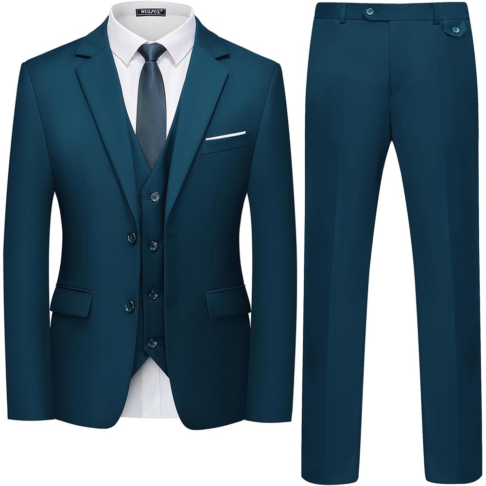 image:imageWULFUL Mens 3 Piece Slim Fit Suit Set Two Button Blazer Jacket Vest Pants Tuxedo Set for Party Wedding and Business Sea Blue
