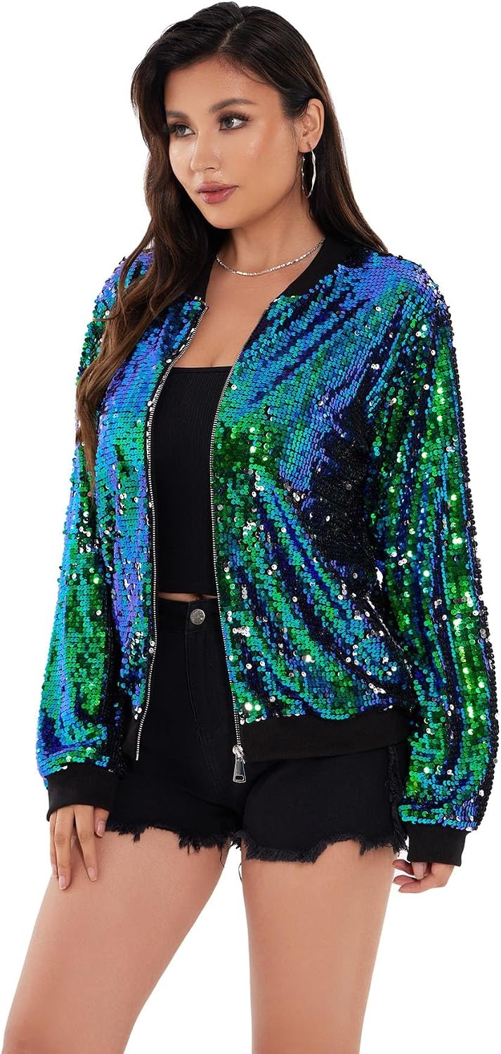 image:imageWULFUL Womens Sequin Jackets Sparkly Glitter Long Sleeve Front Zip Bomber Blazers Party CostumeBluegreen