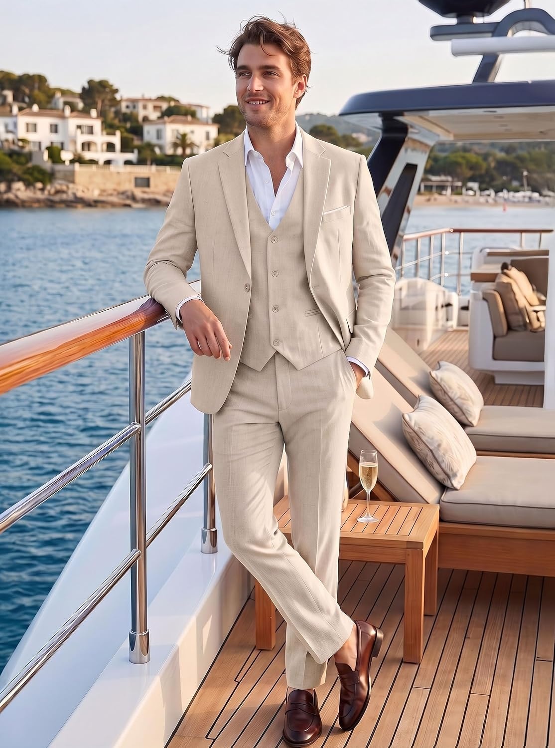 image:imageWULFUL Mens Linen Suit 3 Piece Slim Fit Suits for Men One Button Prom Wedding Party Tuxedo Suit Set Blazer Jacket PantsBeigenew