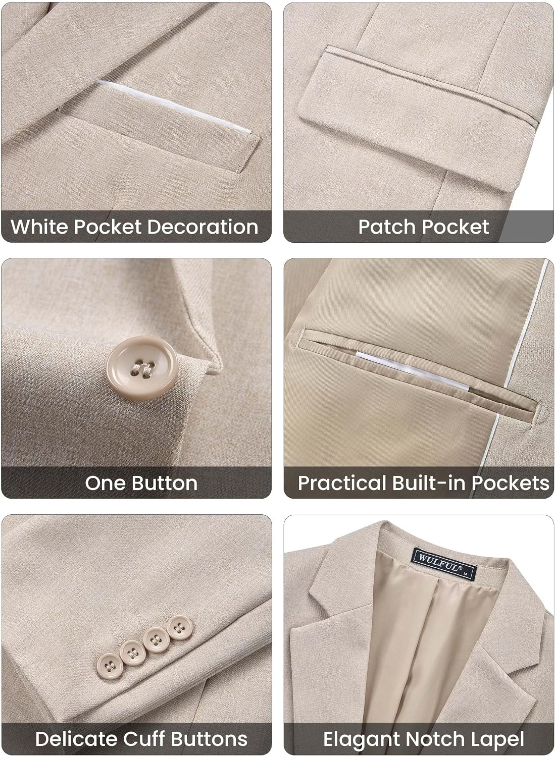image:imageWULFUL Mens Linen Suit 3 Piece Slim Fit Suits for Men One Button Prom Wedding Party Tuxedo Suit Set Blazer Jacket PantsBeigenew