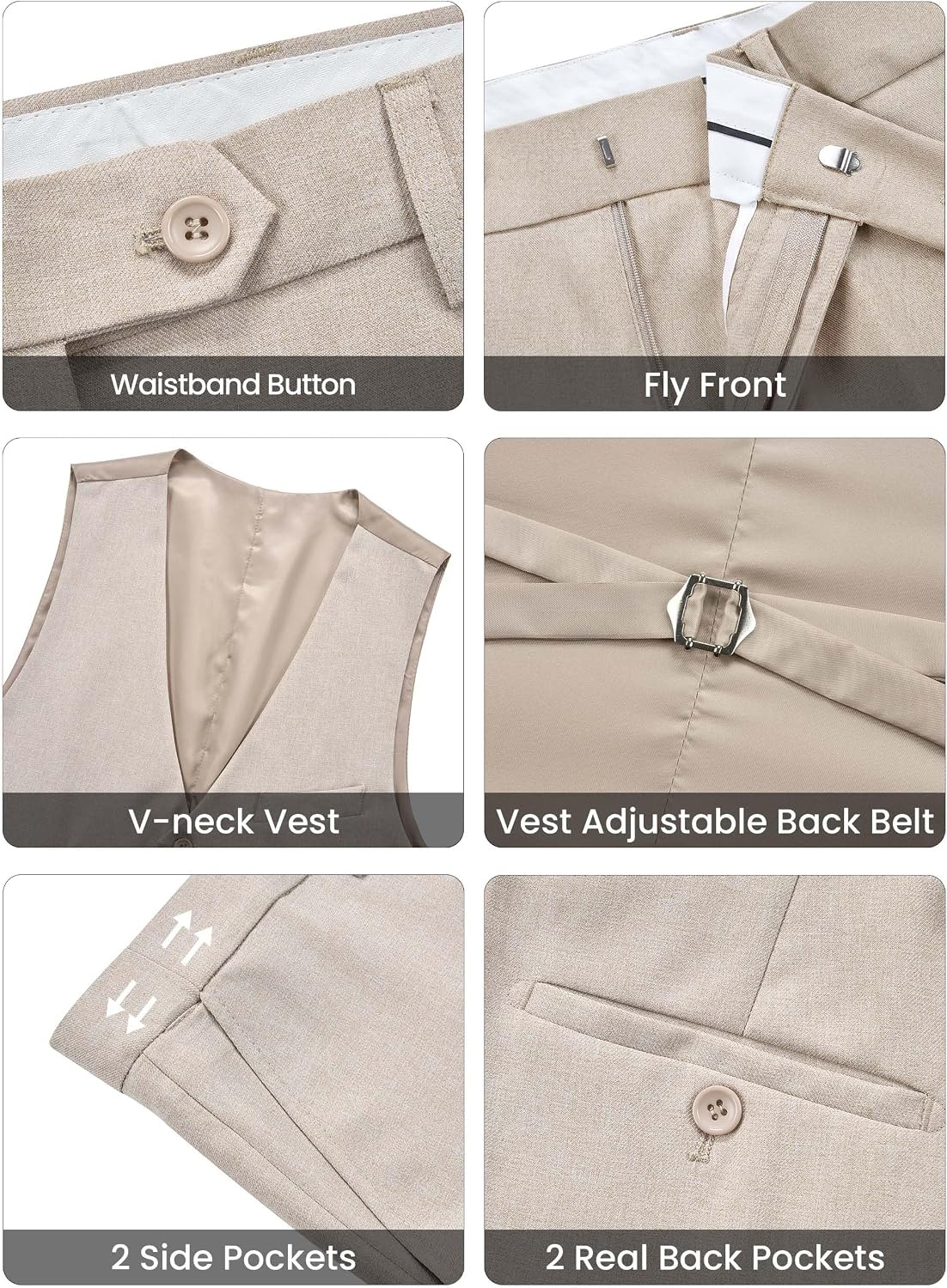 image:imageWULFUL Mens Linen Suit 3 Piece Slim Fit Suits for Men One Button Prom Wedding Party Tuxedo Suit Set Blazer Jacket PantsBeigenew