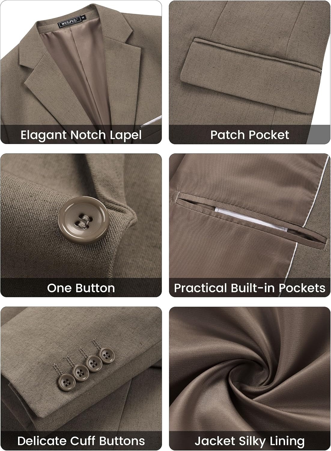 image:imageWULFUL Mens Linen Suit 3 Piece Slim Fit Suits for Men One Button Prom Wedding Party Tuxedo Suit Set Blazer Jacket PantsBrown