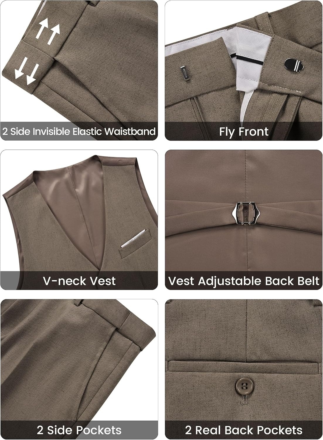image:imageWULFUL Mens Linen Suit 3 Piece Slim Fit Suits for Men One Button Prom Wedding Party Tuxedo Suit Set Blazer Jacket PantsBrown