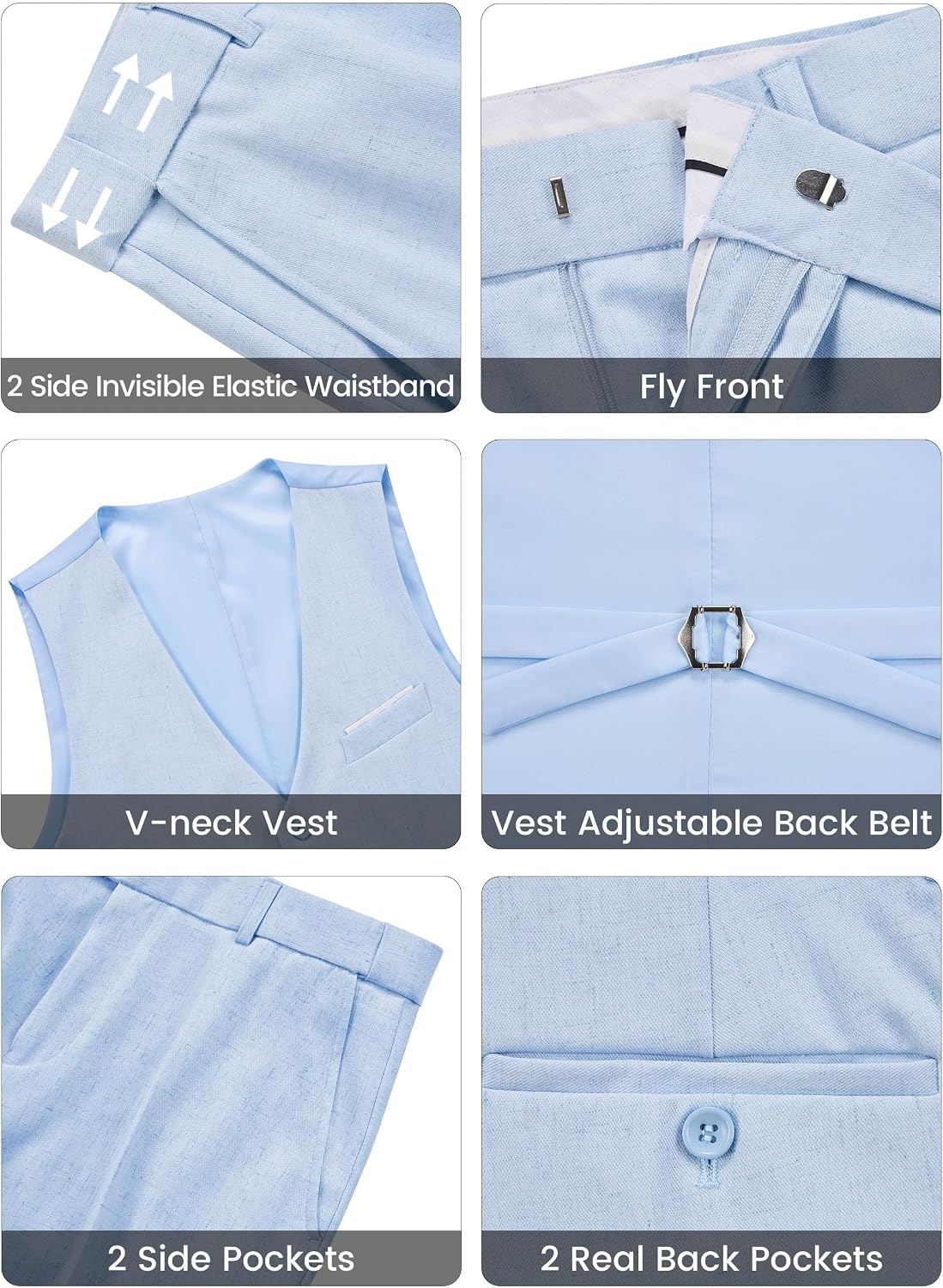 image:imageWULFUL Mens Linen Suit 3 Piece Slim Fit Suits for Men One Button Prom Wedding Party Tuxedo Suit Set Blazer Jacket PantsLight Blue