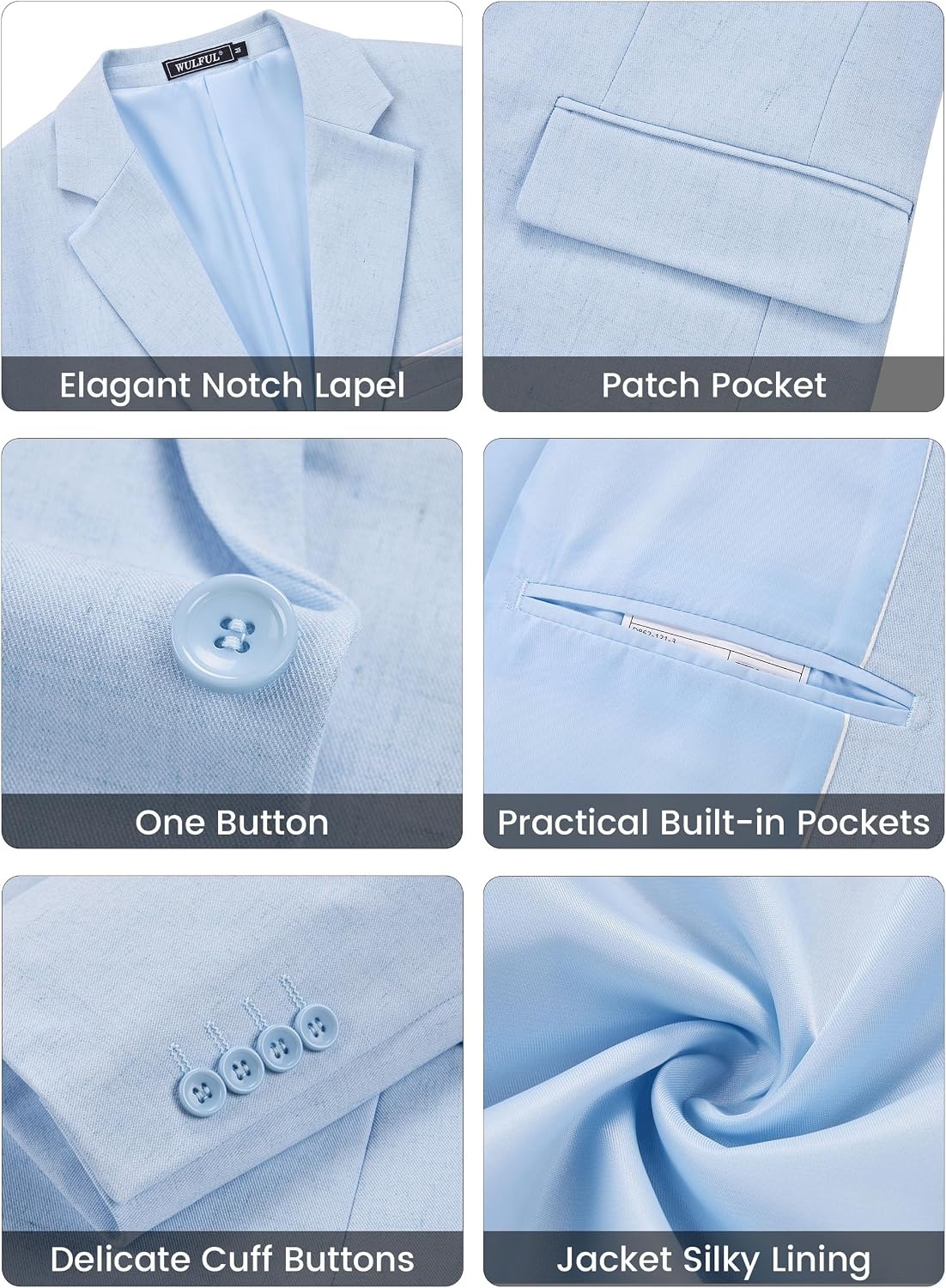 image:imageWULFUL Mens Linen Suit 3 Piece Slim Fit Suits for Men One Button Prom Wedding Party Tuxedo Suit Set Blazer Jacket PantsLight Blue