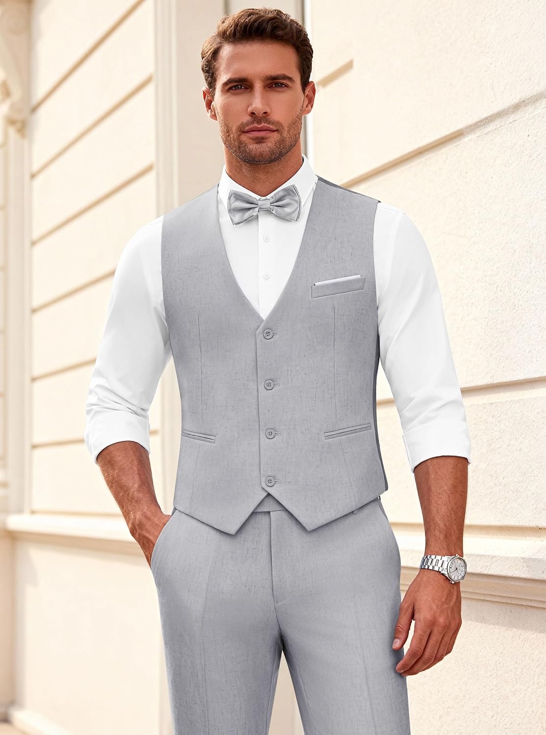 image:imageWULFUL Mens Linen Suit 3 Piece Slim Fit Suits for Men One Button Prom Wedding Party Tuxedo Suit Set Blazer Jacket PantsLight Grey
