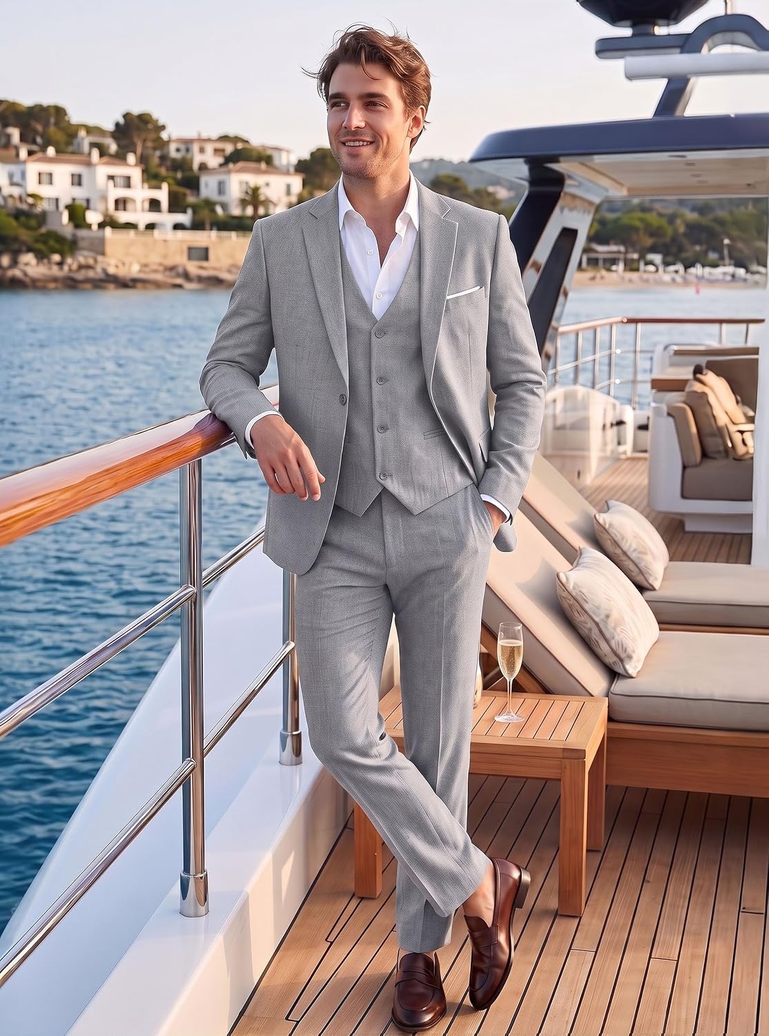 image:imageWULFUL Mens Linen Suit 3 Piece Slim Fit Suits for Men One Button Prom Wedding Party Tuxedo Suit Set Blazer Jacket PantsLight Greynew