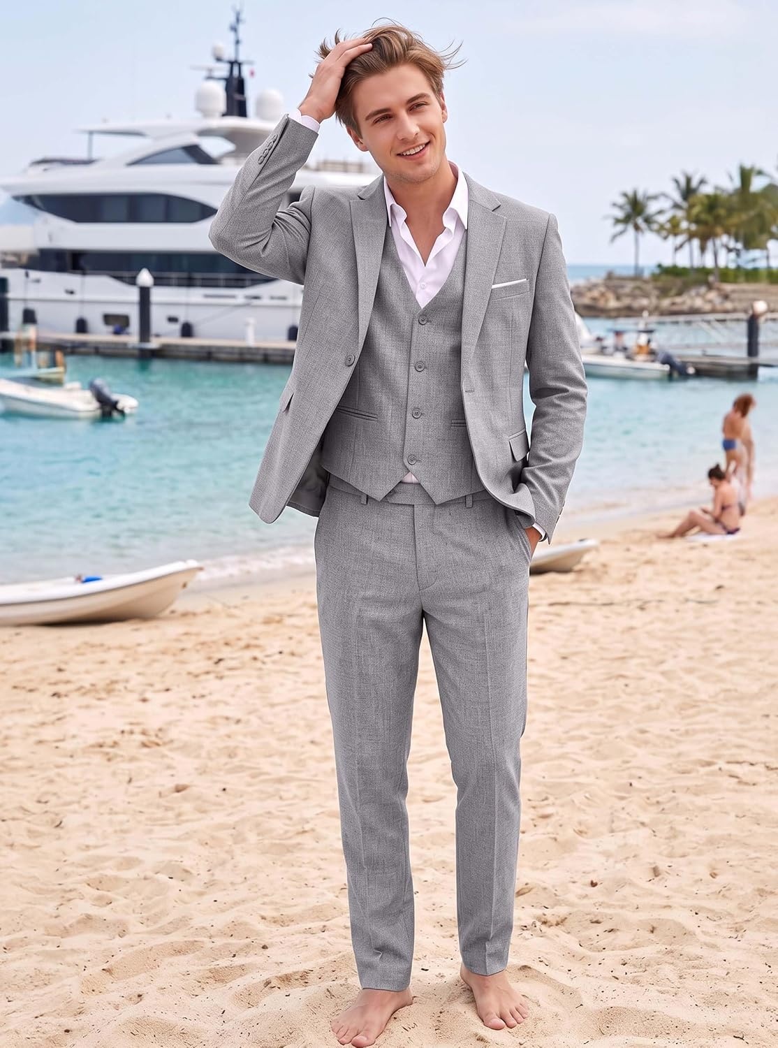image:imageWULFUL Mens Linen Suit 3 Piece Slim Fit Suits for Men One Button Prom Wedding Party Tuxedo Suit Set Blazer Jacket PantsLight Greynew