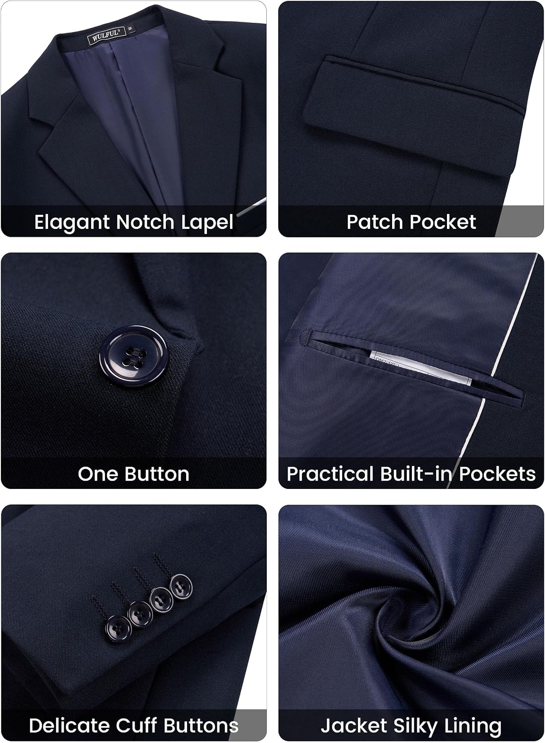 image:imageWULFUL Mens Linen Suit 3 Piece Slim Fit Suits for Men One Button Prom Wedding Party Tuxedo Suit Set Blazer Jacket PantsNavy
