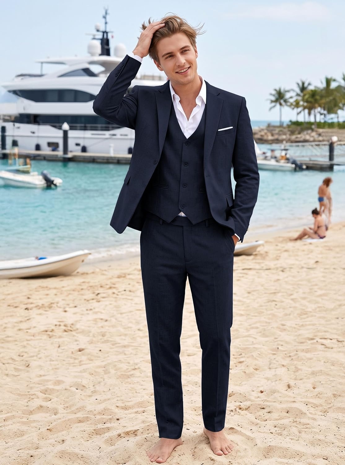image:imageWULFUL Mens Linen Suit 3 Piece Slim Fit Suits for Men One Button Prom Wedding Party Tuxedo Suit Set Blazer Jacket PantsNavy