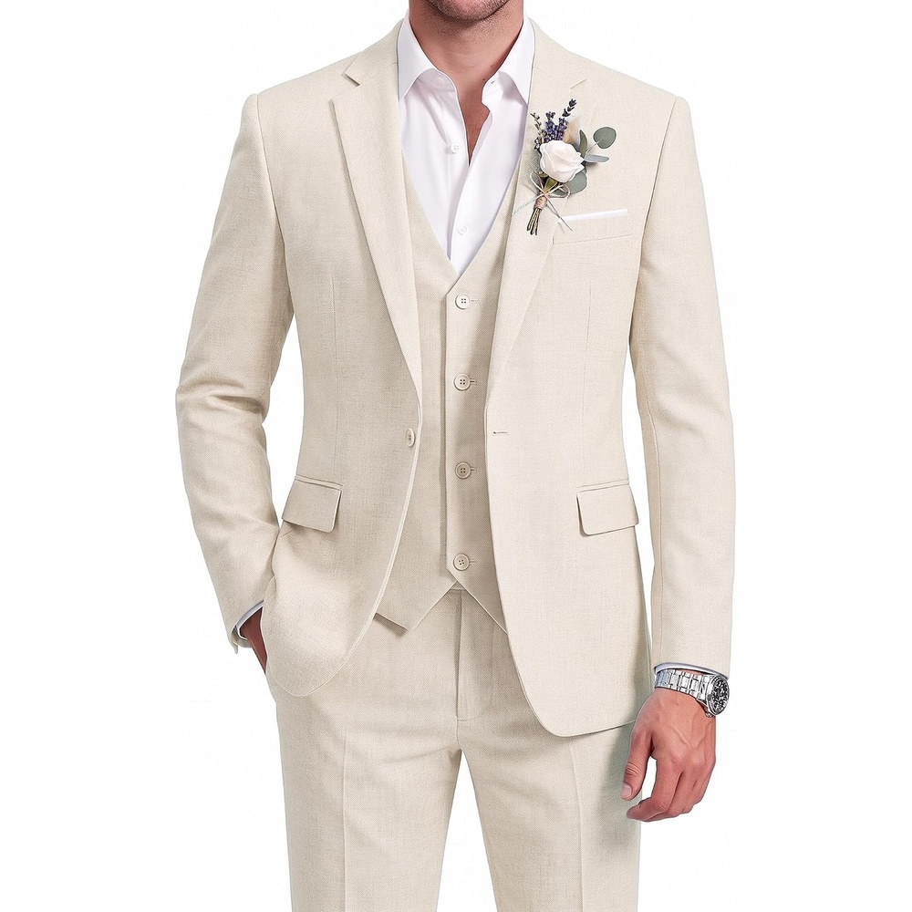 image:imageWULFUL Mens Linen Suit 3 Piece Slim Fit Suits for Men One Button Prom Wedding Party Tuxedo Suit Set Blazer Jacket PantsBeige
