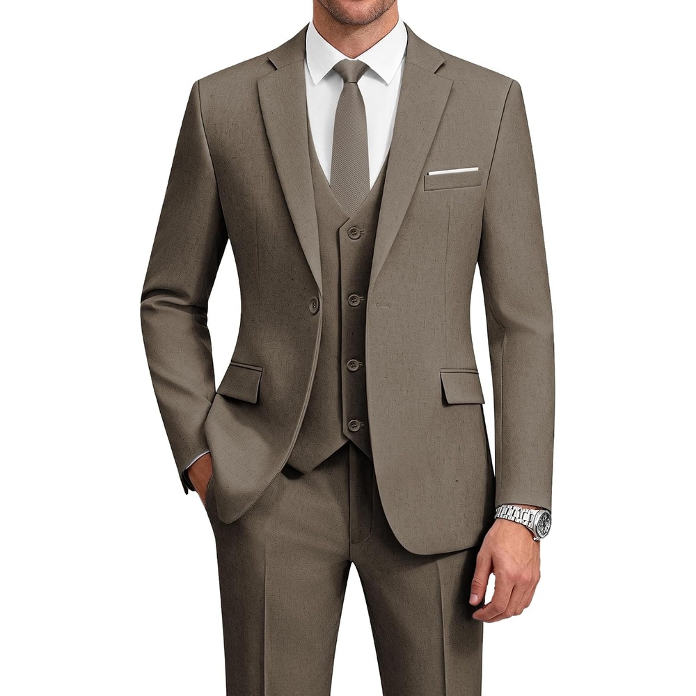 image:imageWULFUL Mens Linen Suit 3 Piece Slim Fit Suits for Men One Button Prom Wedding Party Tuxedo Suit Set Blazer Jacket PantsBrown