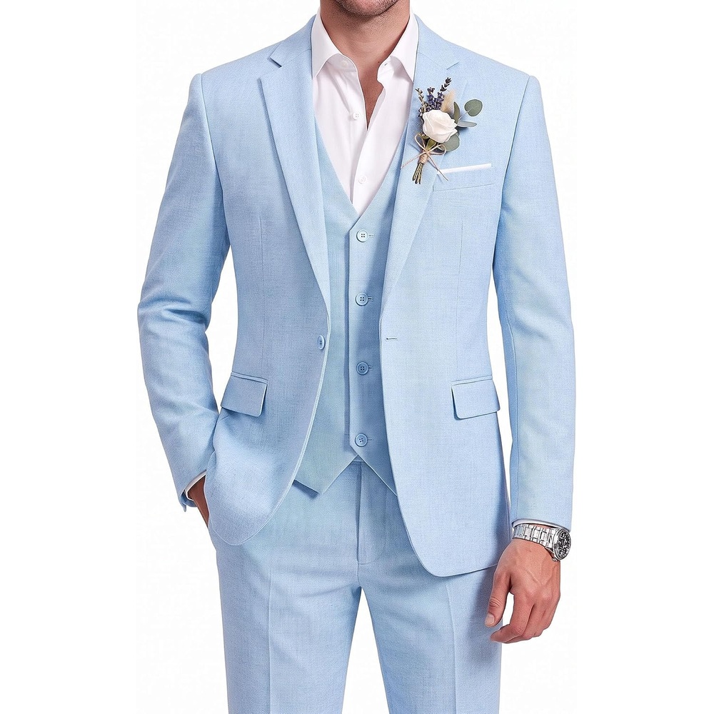 image:imageWULFUL Mens Linen Suit 3 Piece Slim Fit Suits for Men One Button Prom Wedding Party Tuxedo Suit Set Blazer Jacket PantsLight Blue