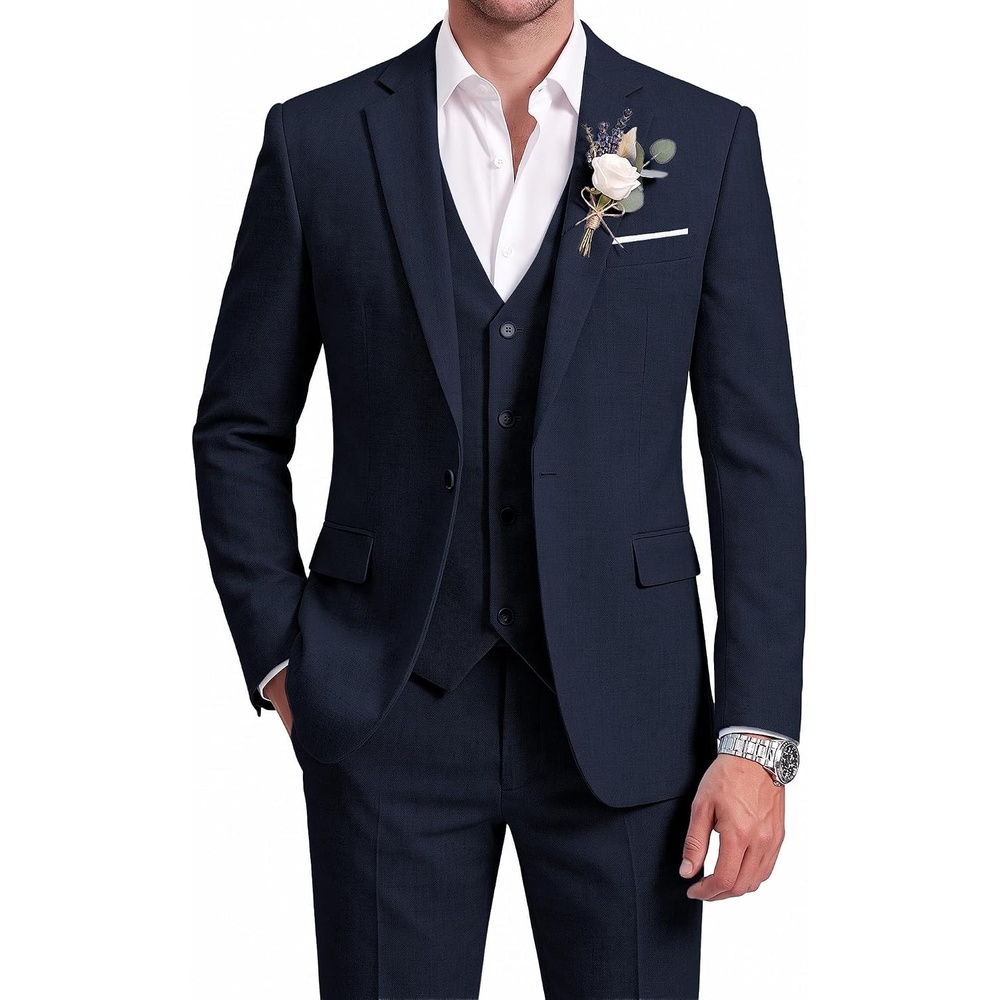 image:imageWULFUL Mens Linen Suit 3 Piece Slim Fit Suits for Men One Button Prom Wedding Party Tuxedo Suit Set Blazer Jacket PantsNavy