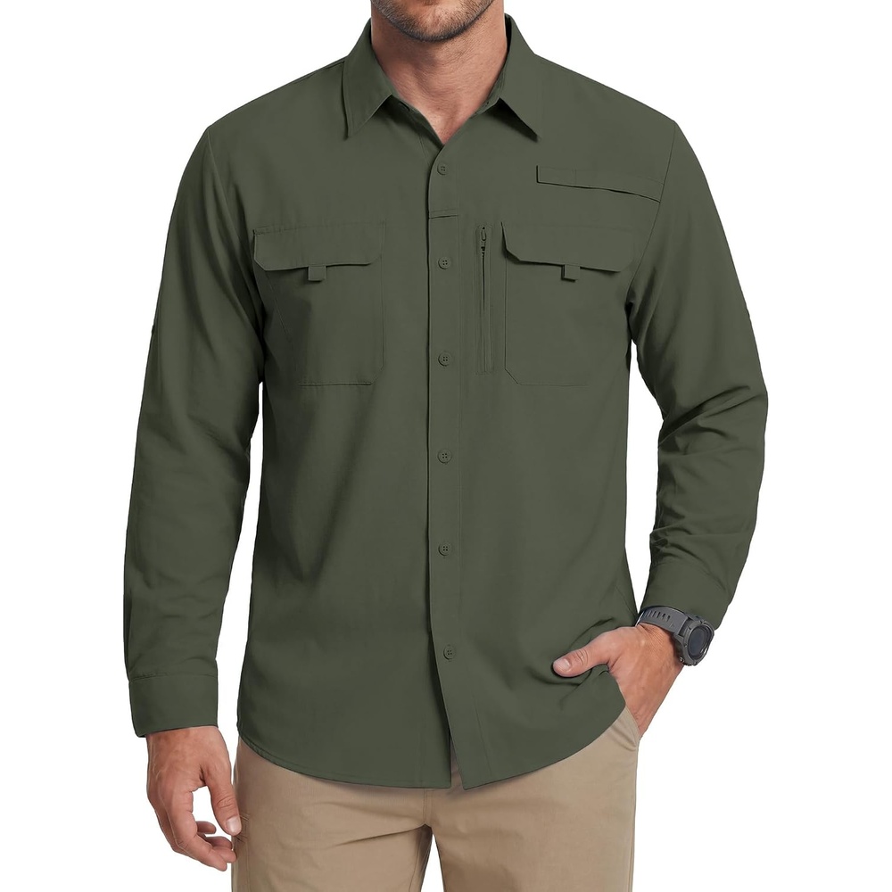 image:imageWULFUL Mens Sun Protection Fishing Shirts UPF 50 Lightweight Quick Dry Cooling Long Sleeve Shirts for Work Hiking SafariGreen