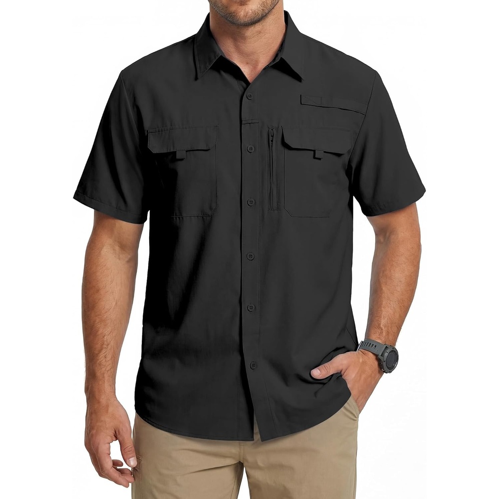 image:imageWULFUL Mens Sun Protection Fishing Shirts UPF 50 Lightweight Quick Dry Cooling Short Sleeve Shirts for Work Hiking SafariBlack