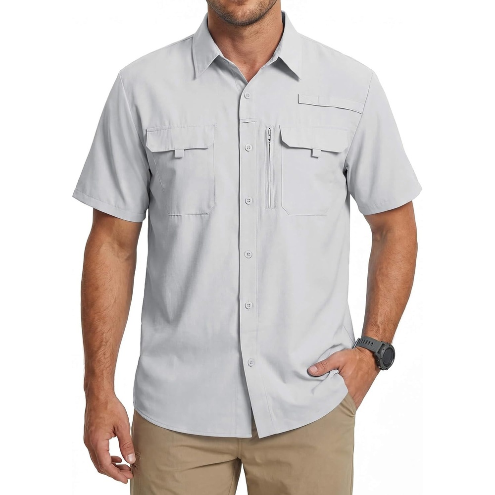 image:imageWULFUL Mens Sun Protection Fishing Shirts UPF 50 Lightweight Quick Dry Cooling Short Sleeve Shirts for Work Hiking SafariSilver Gray
