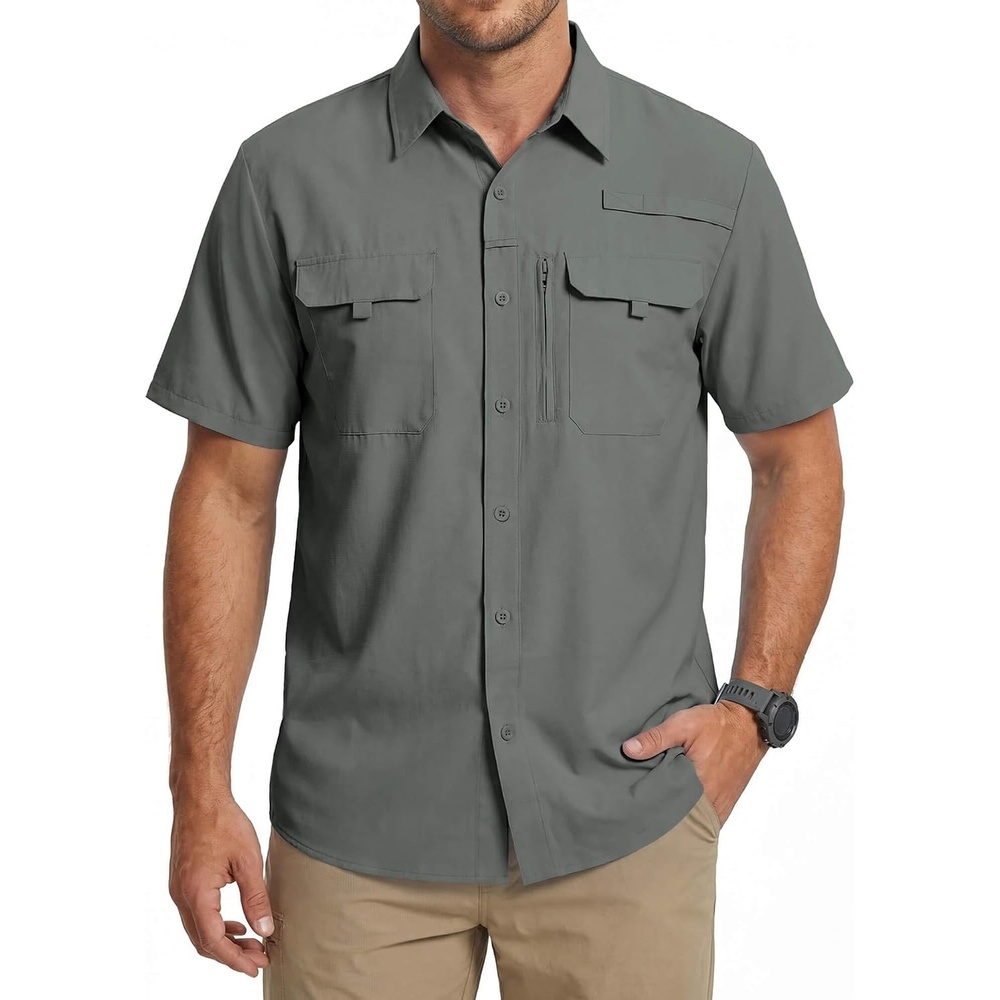 image:imageWULFUL Mens Sun Protection Fishing Shirts UPF 50 Lightweight Quick Dry Cooling Short Sleeve Shirts for Work Hiking SafariSolid Shadow Grey