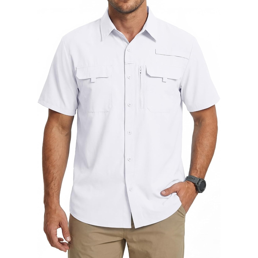 image:imageWULFUL Mens Sun Protection Fishing Shirts UPF 50 Lightweight Quick Dry Cooling Short Sleeve Shirts for Work Hiking SafariSolid White