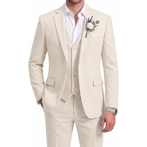 WULFUL Men’s Linen Suit 3 Piece Slim Fit Suits for Men One Button Prom Wedding Party Tuxedo Suit Set Blazer Jacket Pants(Beige)