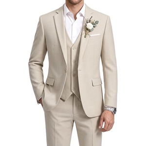 WULFUL Men’s Linen Suit 3 Piece Slim Fit Suits for Men One Button Prom Wedding Party Tuxedo Suit Set Blazer Jacket Pants(Beige-new)