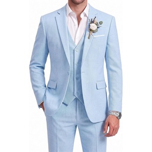 WULFUL Men’s Linen Suit 3 Piece Slim Fit Suits for Men One Button Prom Wedding Party Tuxedo Suit Set Blazer Jacket Pants(Light Blue)