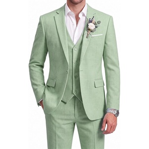 WULFUL Men’s Linen Suit 3 Piece Slim Fit Suits for Men One Button Prom Wedding Party Tuxedo Suit Set Blazer Jacket Pants(Sage Green)