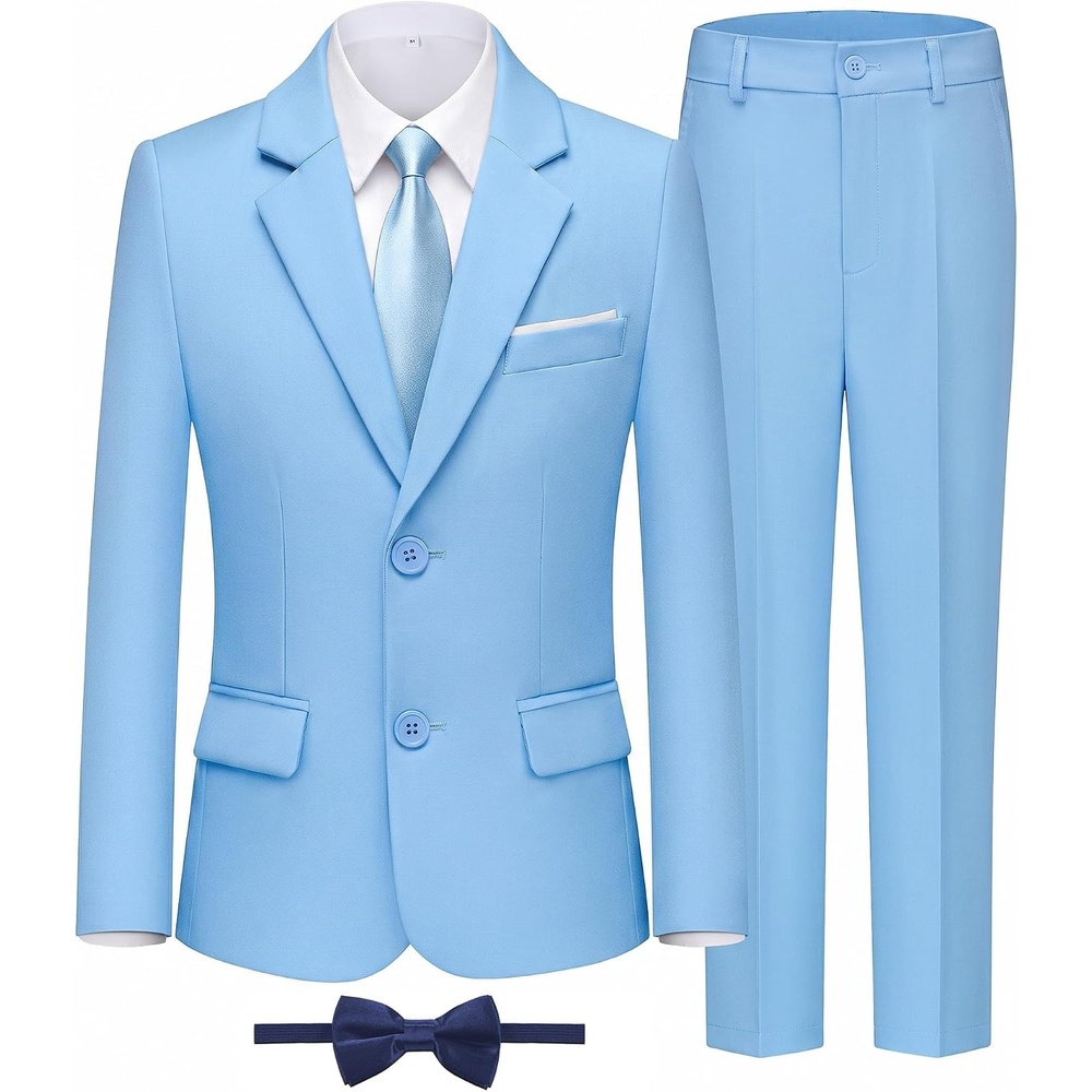 image:imageWULFUL Boys Formal Slim Fit Suit5 Piece Suit Set 516 YearsJacketAdjustable Waist PantsDress ShirtTiesLight Blue