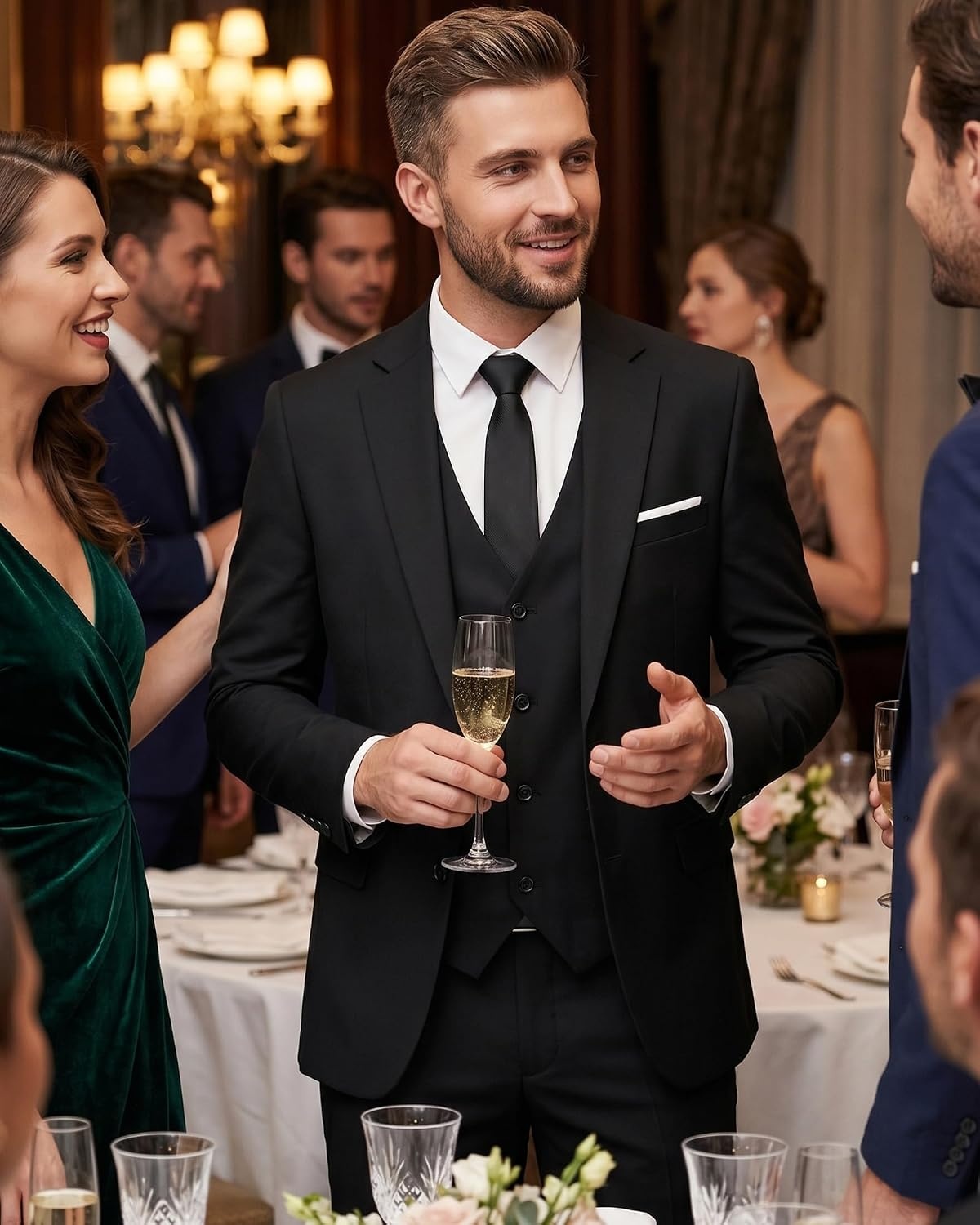 image:imageMens 3 Piece Suit Set One Button Slim Fit Solid Jacket Vest Pants Prom Party Wedding Business Suits for MenBlack