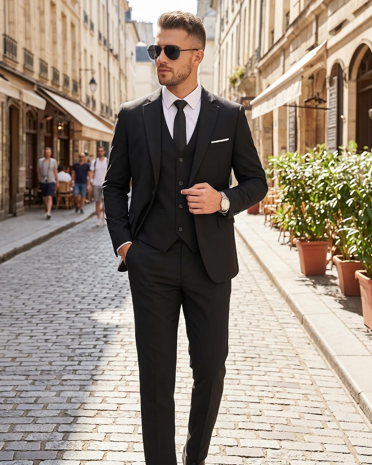 image:imageMens 3 Piece Suit Set One Button Slim Fit Solid Jacket Vest Pants Prom Party Wedding Business Suits for MenBlack