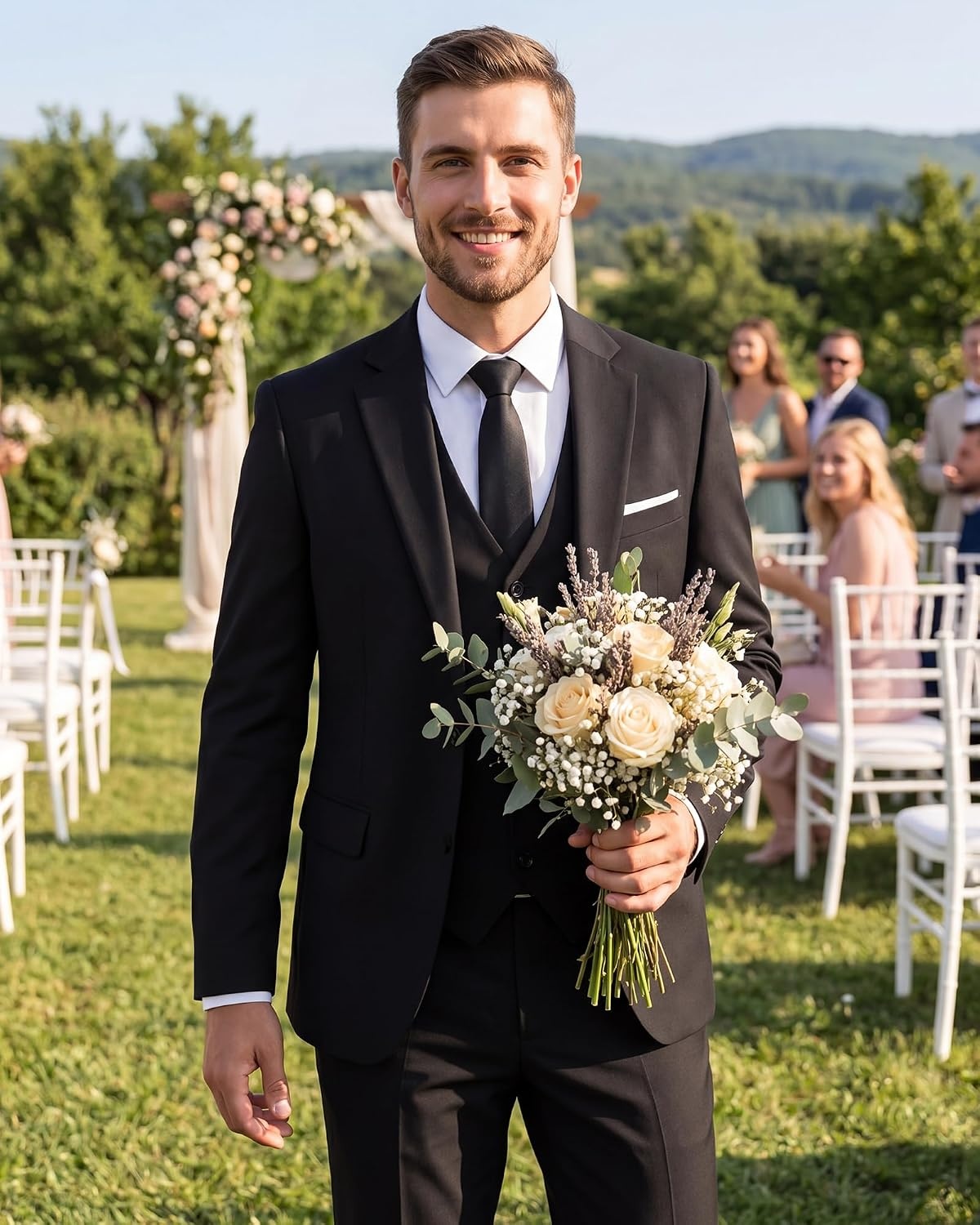image:imageMens 3 Piece Suit Set One Button Slim Fit Solid Jacket Vest Pants Prom Party Wedding Business Suits for MenBlack