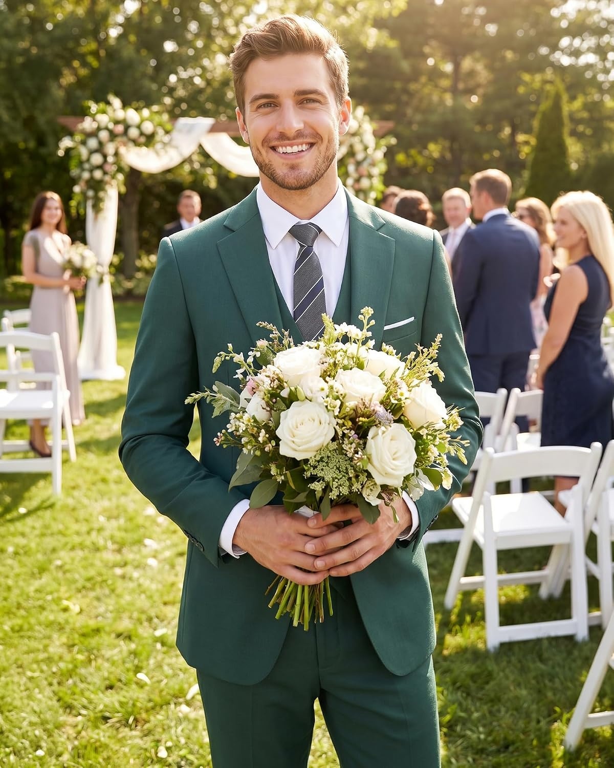 image:imageMens 3 Piece Suit Set One Button Slim Fit Solid Jacket Vest Pants Prom Party Wedding Business Suits for MenBlackish Green