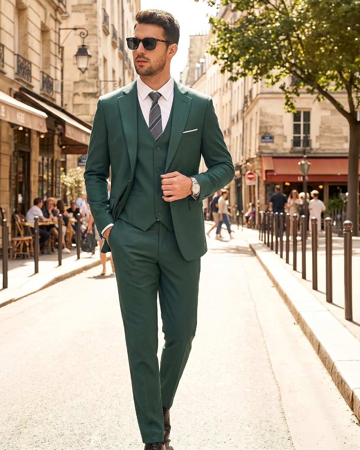 image:imageMens 3 Piece Suit Set One Button Slim Fit Solid Jacket Vest Pants Prom Party Wedding Business Suits for MenBlackish Green
