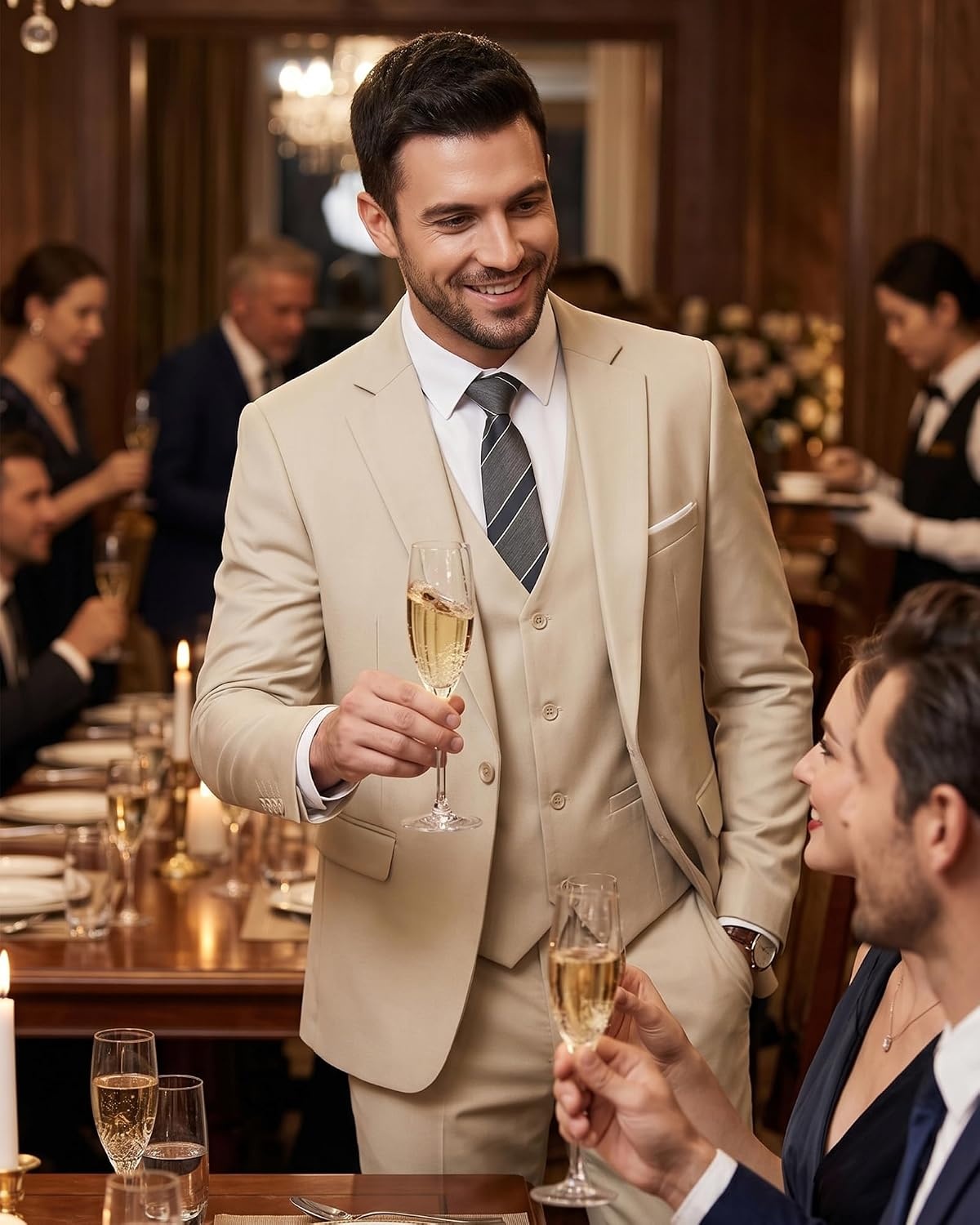 image:imageMens 3 Piece Suit Set One Button Slim Fit Solid Jacket Vest Pants Prom Party Wedding Business Suits for MenChampagne