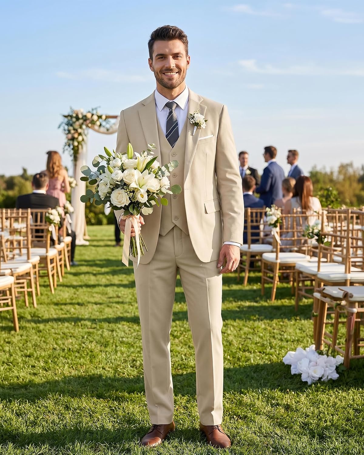 image:imageMens 3 Piece Suit Set One Button Slim Fit Solid Jacket Vest Pants Prom Party Wedding Business Suits for MenChampagne