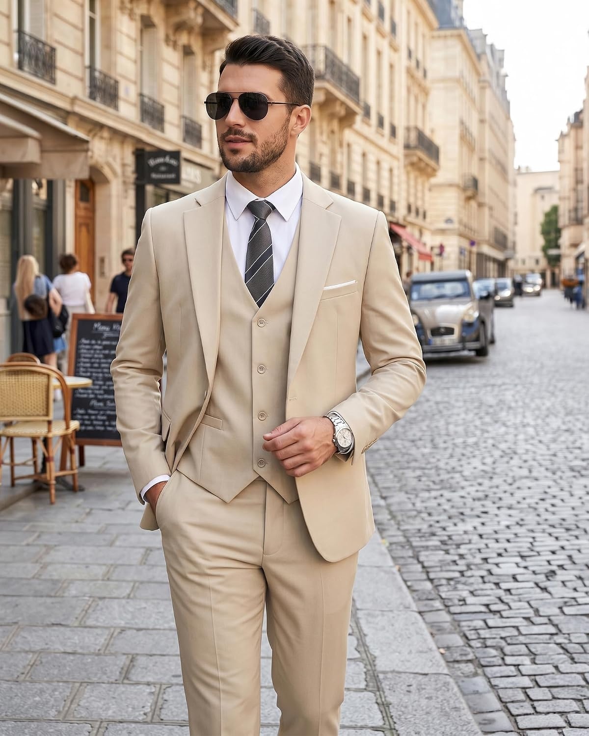 image:imageMens 3 Piece Suit Set One Button Slim Fit Solid Jacket Vest Pants Prom Party Wedding Business Suits for MenChampagne