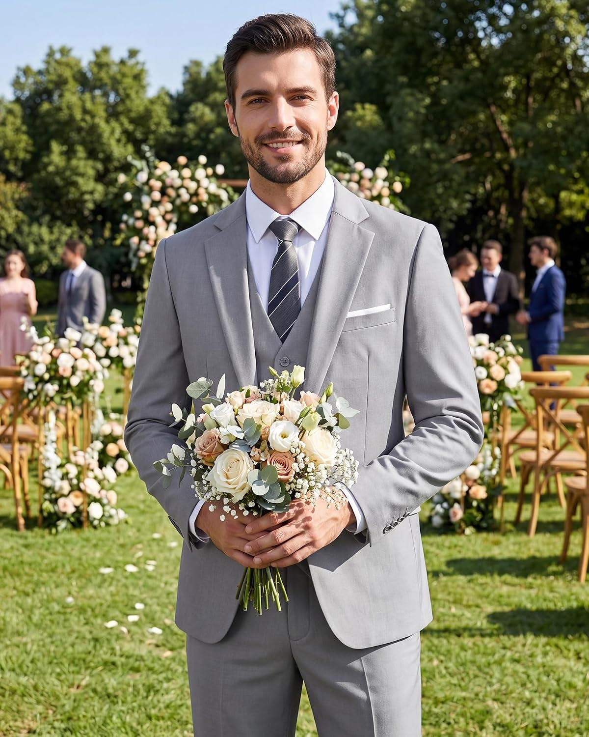 image:imageMens 3 Piece Suit Set One Button Slim Fit Solid Jacket Vest Pants Prom Party Wedding Business Suits for MenLight Gray